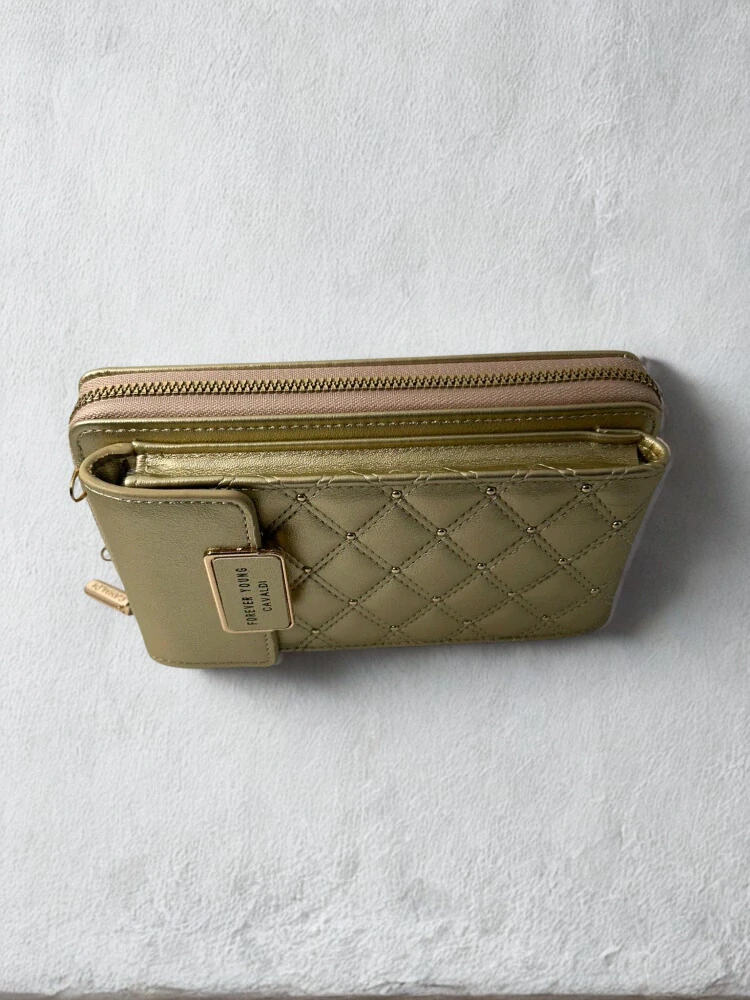 Zlatá elegantná crossbody kabelka/peňaženka Cavaldi s remienkom 20x11x4.5