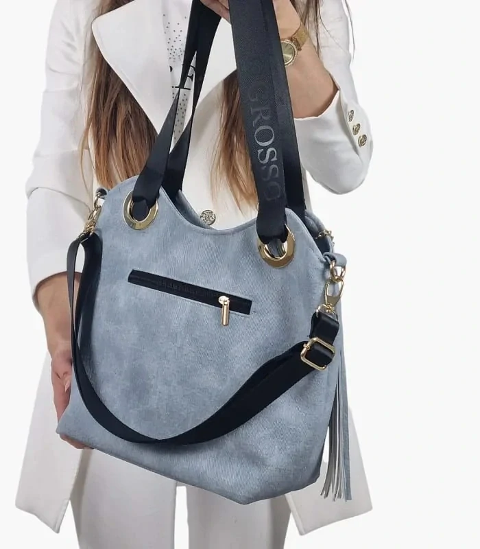 Väčšia mäkká rifľová kabelka s nápisom na rúčke a ramienkom Grosso 38x32x16