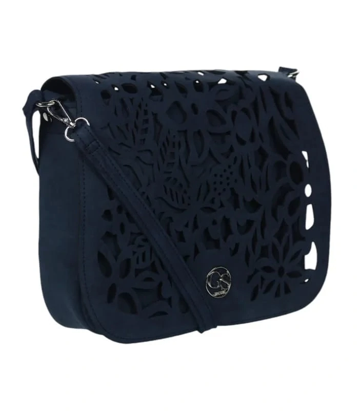 Modrá crossbody kabelka s vylaserovanými vzormi na preklope GROSSO 30x25x10