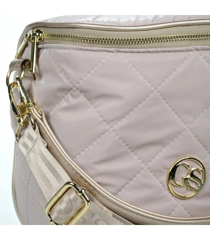 Béžová prešívaná crossbody kabelka so zlatou rúčkou a ramienkom s nápisom Grosso 24x23x12