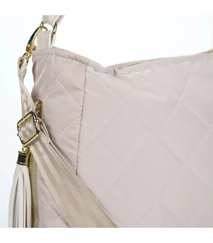 Béžová prešívaná crossbody kabelka s rúčkou, strapcami a s ramienkom s nápisom Grosso 34x32x14