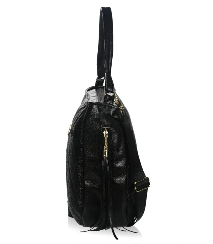 Čierna prešívaná crossbody kabelka s rúčkou, strapcami a s ramienkom s nápisom Grosso 34x32x14