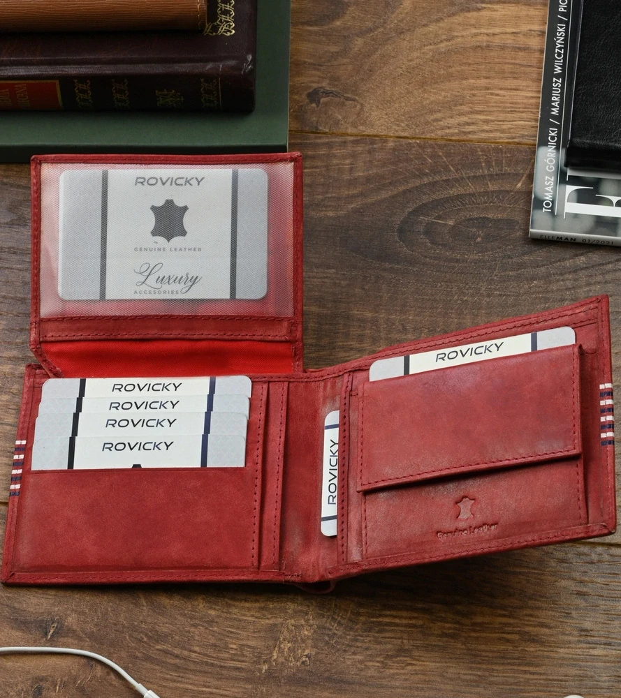 Červená pánska kožená peňaženka s modro-bielymi pásmi Rovicky 12x10x2