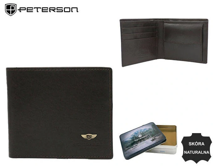 Tmavohnedá kožená peňaženka na šírku bez pracky s logom Peterson 11x10x2