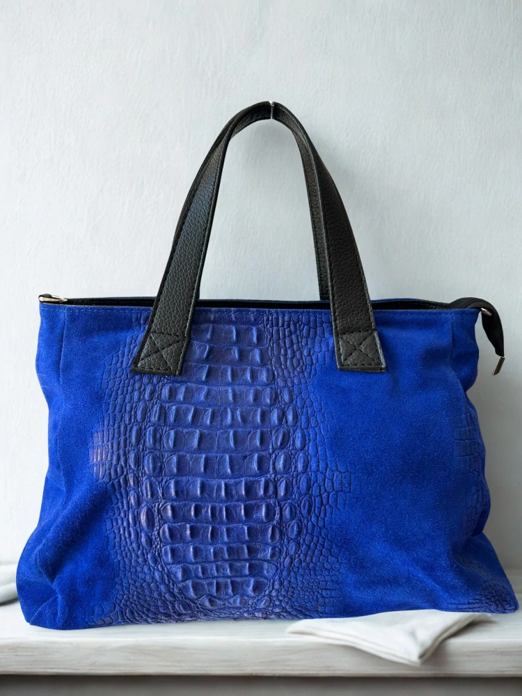 Krásna parížska modrá kožená crossbody kabelka Grosso s krokodílím vzorom 40x24x14
