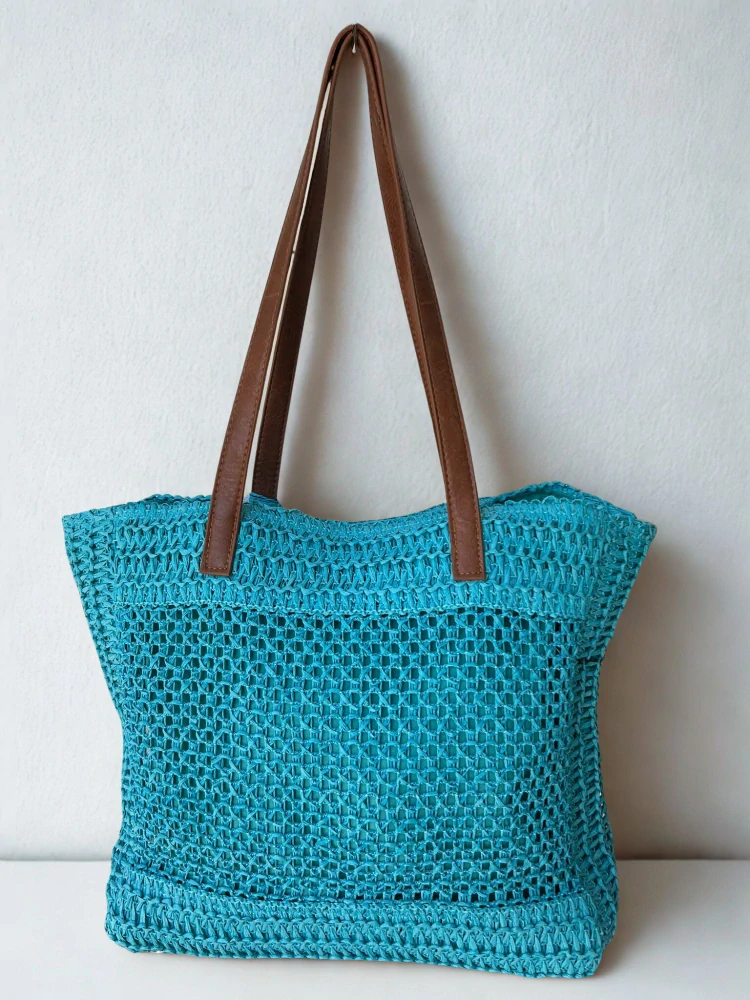 Väčšia modrá slamená kabelka na plece s dlhými rúčkami Turbobags 40x30x12