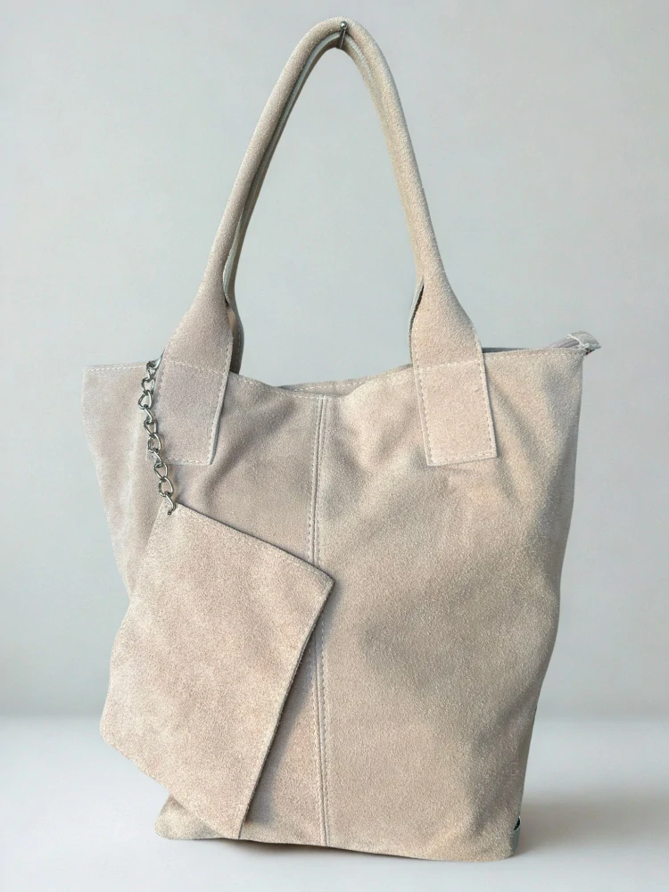 Veľká pudrová jednoduchá elegantná kožená kabelka z brúsenej kože 42x36x18