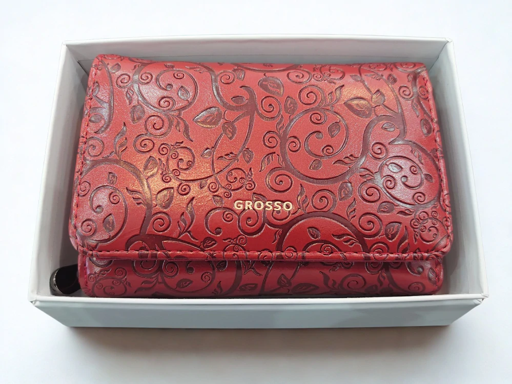 Elegantná dámska červená kožená peňaženka s reliéfnym kvetinovým vzorom Grosso 13x9x4