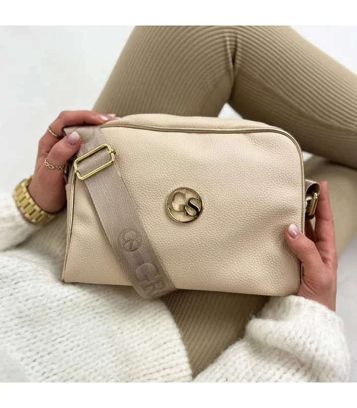 Béžová menšia crossbody kabelka so zlatým logom a zlatým zipsom Grosso 25x19x7