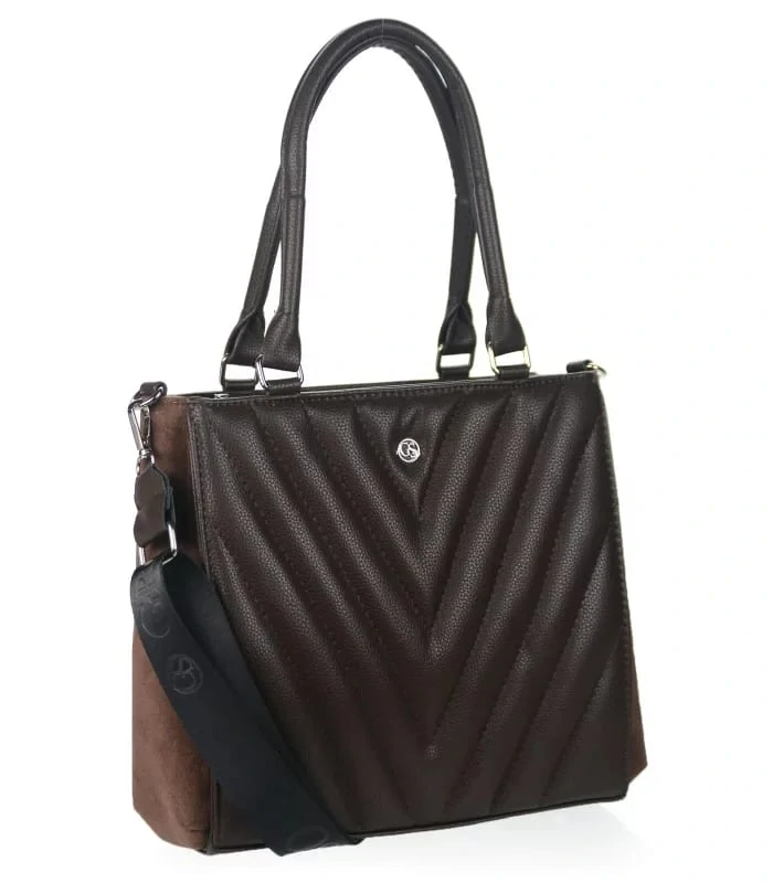 Pevná hnedá elegantná kabelka s V-vzorom s rúčkami a ramienkom Grosso 32x27x10