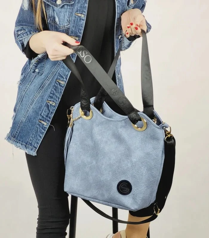 Väčšia mäkká rifľová kabelka s nápisom na rúčke a ramienkom Grosso 38x32x16