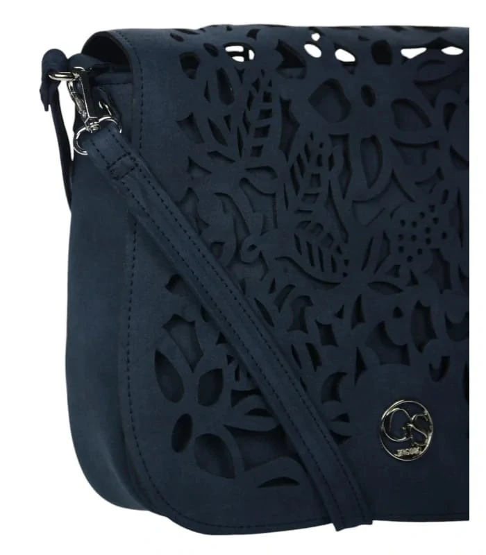 Modrá crossbody kabelka s vylaserovanými vzormi na preklope GROSSO 30x25x10