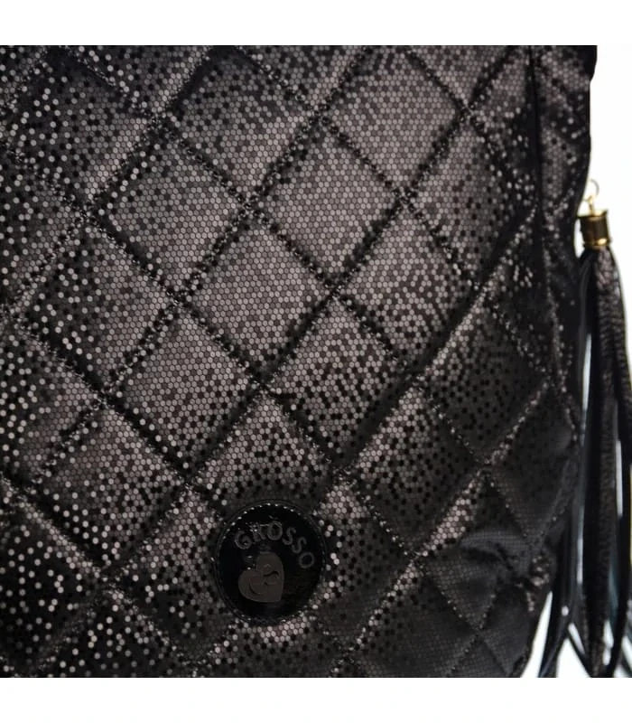 Čierna prešívaná crossbody kabelka s rúčkou, strapcami a s ramienkom s nápisom Grosso 34x32x14