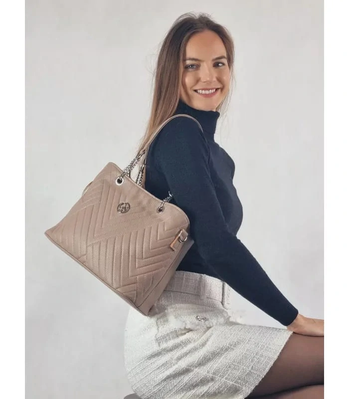 Prešívaná hnedá elegantná kabelka s rúčkami a remienkom Grosso 30x24x14