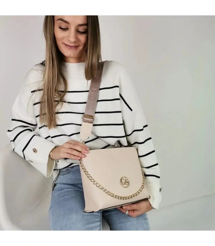 Béžová crossbody kabelka so zlatou retiazkou a remienkom Grosso 25x20x9