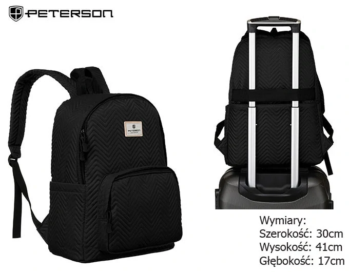 Čierny vzorovaný batoh Peterson s pásom na kufor a kapsou na zips 41x30x17