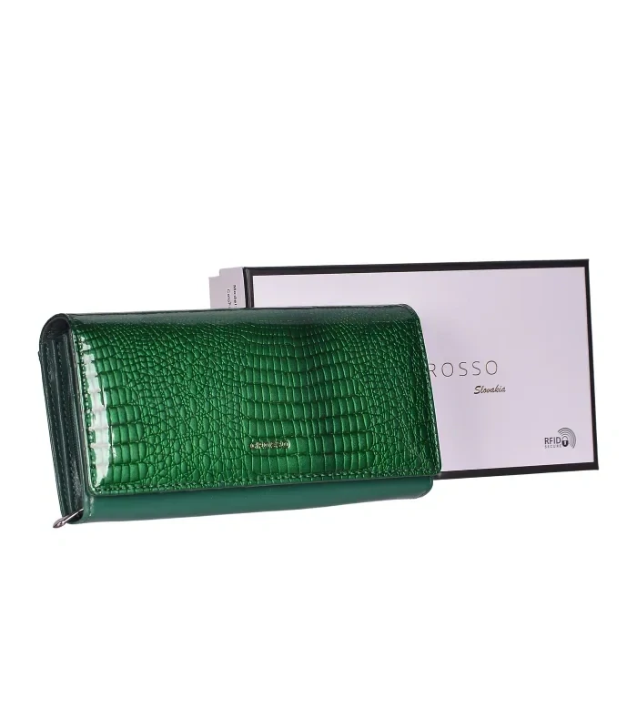 Elegantná dámska zelená kožená lakovaná peňaženka v kroko motíve Grosso 20x10x3