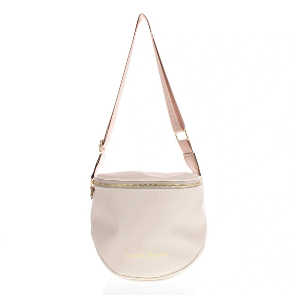 Béžová crossbody kabelka so zlatým zipsom a nápisom Laura Biaggi 24x23x12