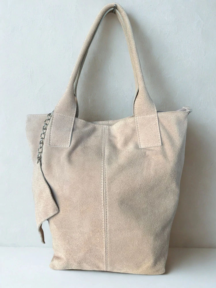 Veľká pudrová jednoduchá elegantná kožená kabelka z brúsenej kože 42x36x18