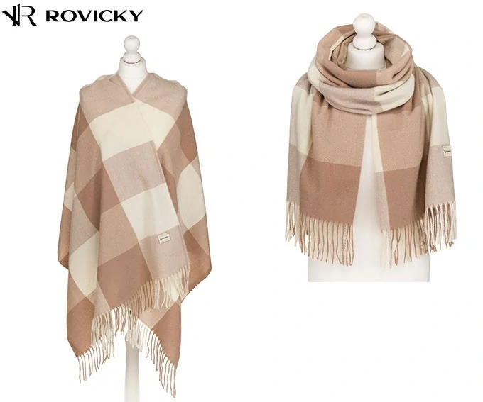 Veľký dámsky hnedý camel šál károvaného vzoru so strapcami Rovicky 180/70