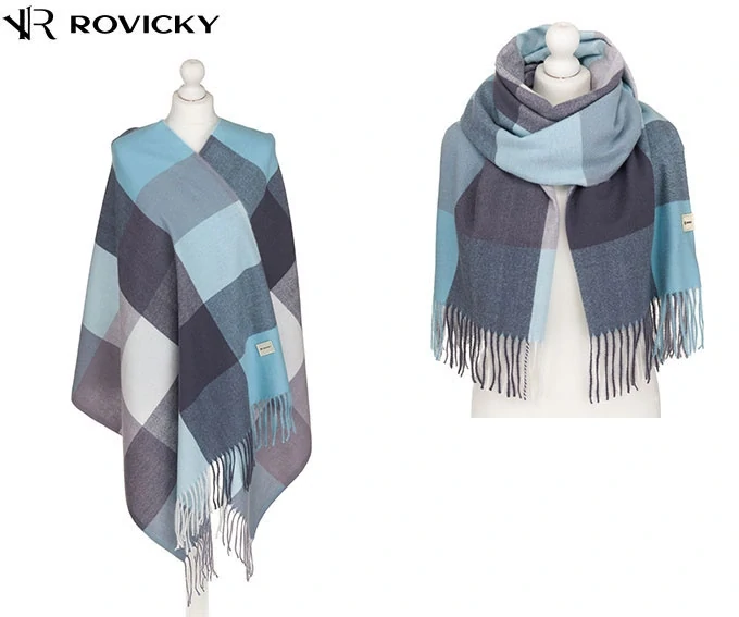 Veľký dámsky modrý šál károvaného vzoru so strapcami Rovicky 180/70