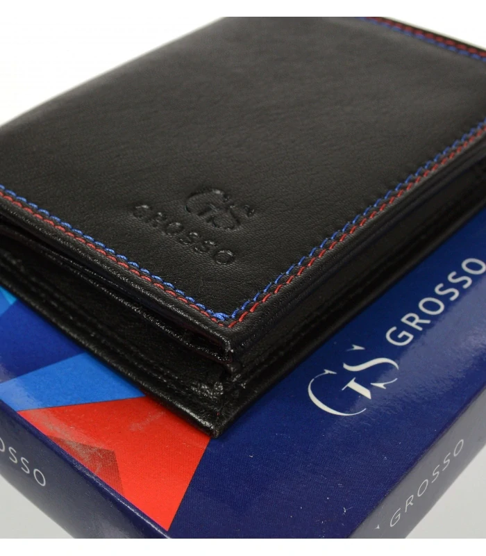 Čierna pánska kožená peňaženka na výšku bez pracky s farebným prešívaním Grosso 13x10x3