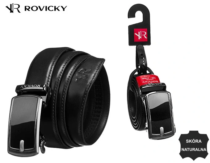 Pánsky bezdierkový kožený opasok automat Rovicky čierny 3.5/110/125 z pravej kože.