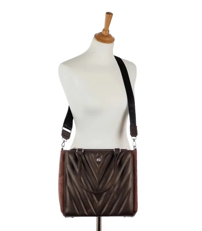 Pevná hnedá elegantná kabelka s V-vzorom s rúčkami a ramienkom Grosso 32x27x10