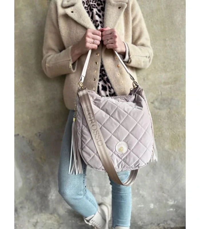 Béžová prešívaná crossbody kabelka s rúčkou, strapcami a s ramienkom s nápisom Grosso 34x32x14