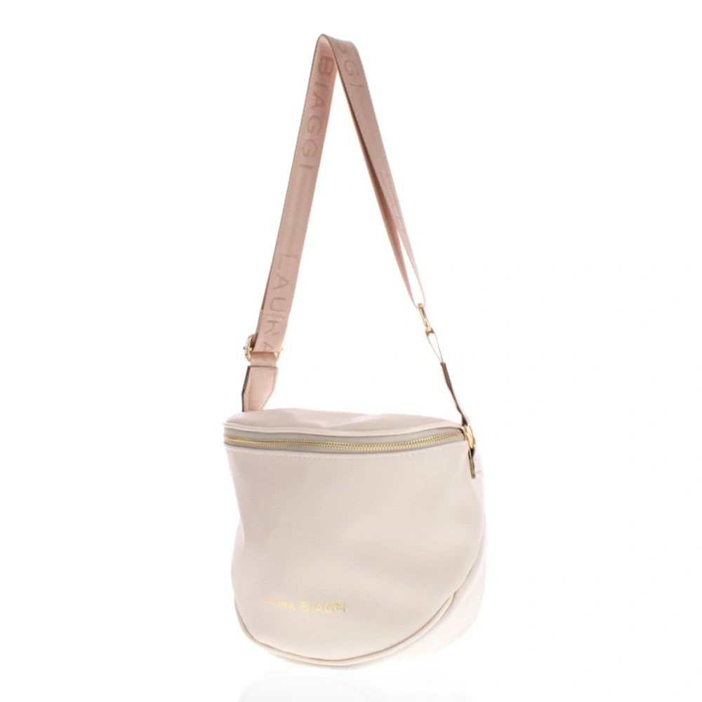 Béžová crossbody kabelka so zlatým zipsom a nápisom Laura Biaggi 24x23x12