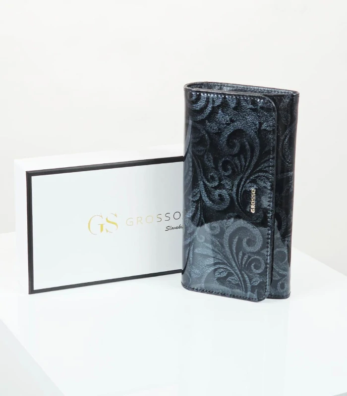 Dámska čierna kožená elegantná peňaženka s ornamentovým vzorom Grosso 17,5x9x4