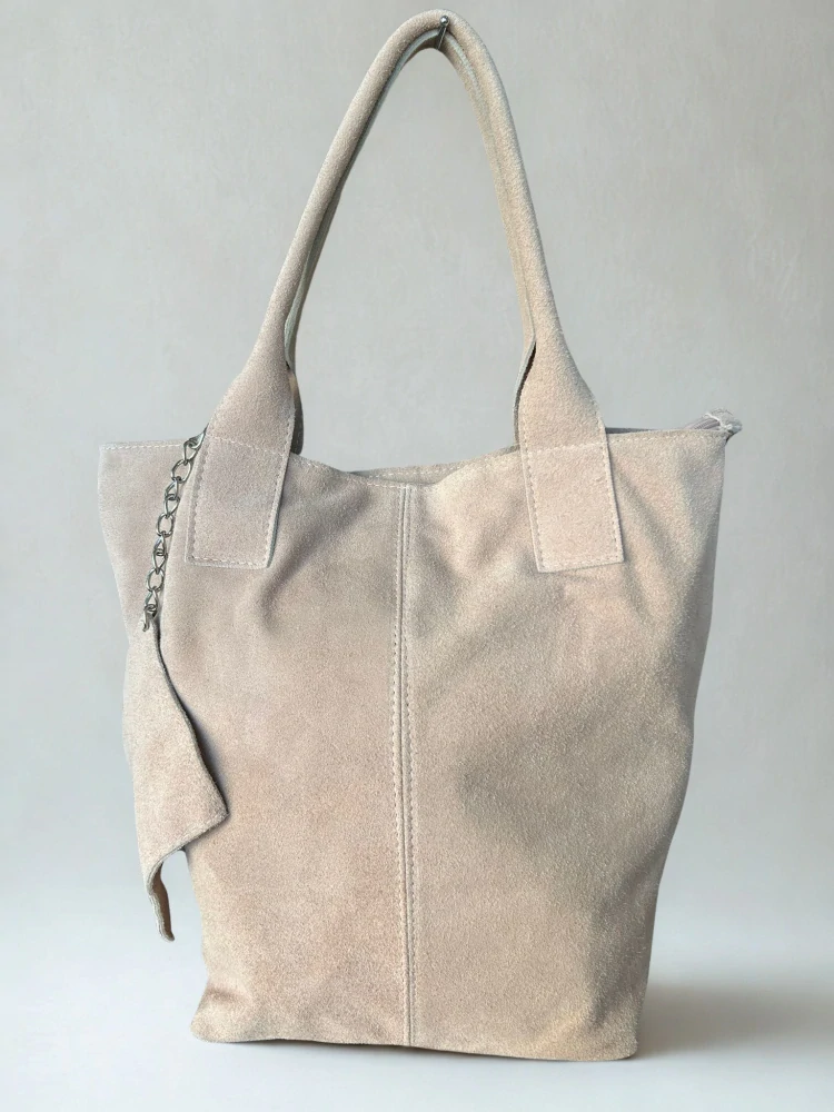 Veľká pudrová jednoduchá elegantná kožená kabelka z brúsenej kože 42x36x18