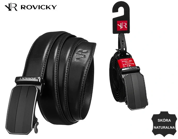 Pánsky bezdierkový kožený opasok automat Rovicky čierny 3.5/100/115 z pravej kože.