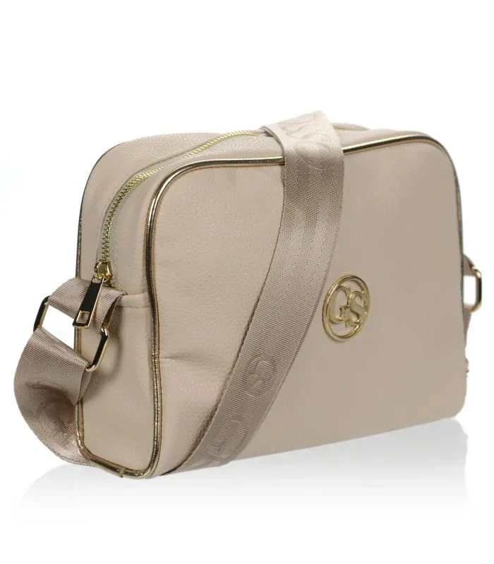 Béžová menšia crossbody kabelka so zlatým logom a zlatým zipsom Grosso 25x19x7