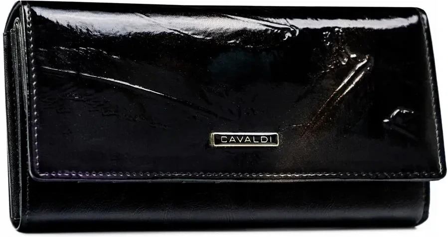 Dámska tmavá lakovaná elegantná peňaženka so vzorom s pierkami Cavaldi 19x10x3