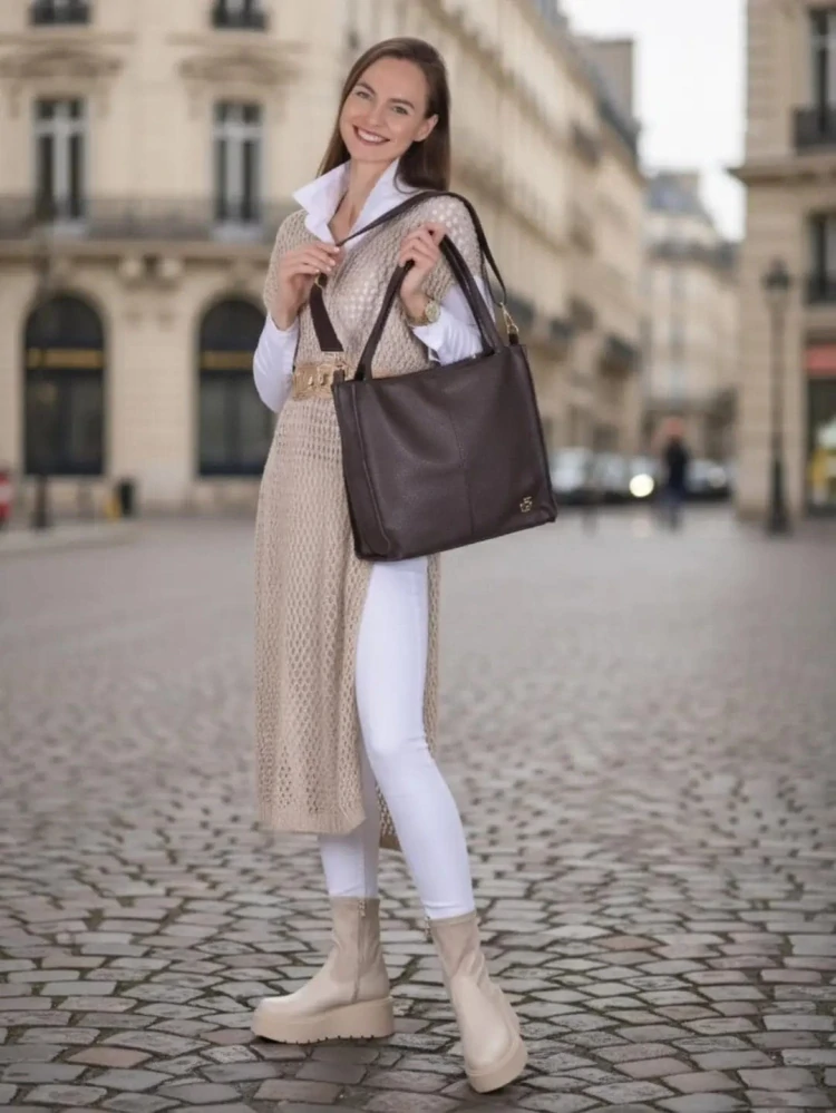 Veľká mäkká hnedá crossbody kabelka s rúčkami na plece Grosso 36x32x12