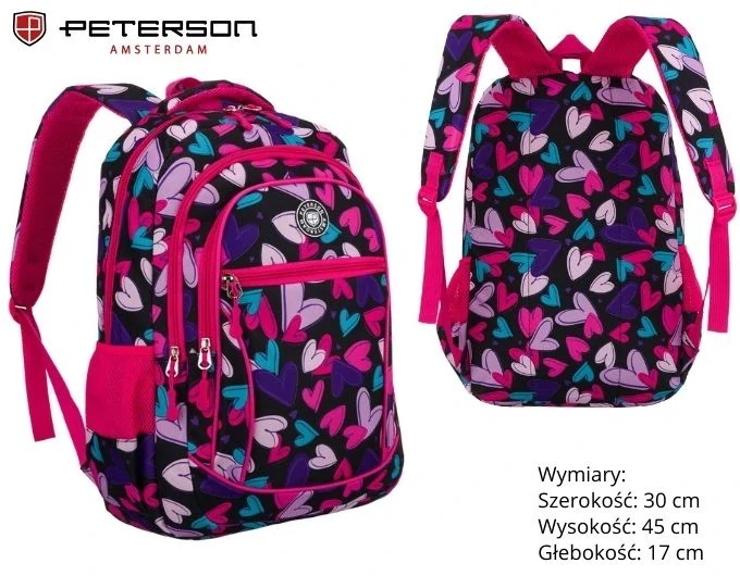 Ľahký 550g ružový batoh Peterson so srdiečkami a kapsami na zips 45x30x17