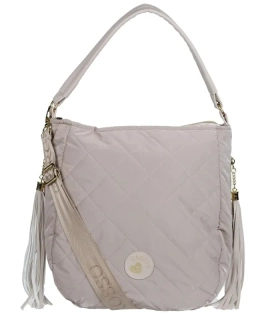 Béžová prešívaná crossbody kabelka s rúčkou, strapcami a s ramienkom s nápisom Grosso 34x32x14