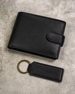 Pánska čierna kožená peňaženka Rovicky na šírku s prackou 12x9x2 s príveskom na kľúče