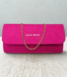 Cyklámenová zamatová spoločenská listová kabelka so zlatou retiazkou Laura Biaggi 27x13x5