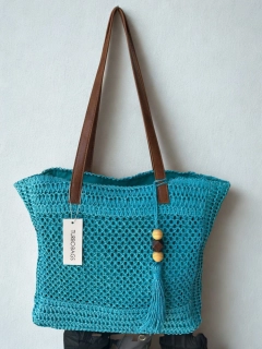 Väčšia modrá slamená kabelka na plece s dlhými rúčkami Turbobags 40x30x12
