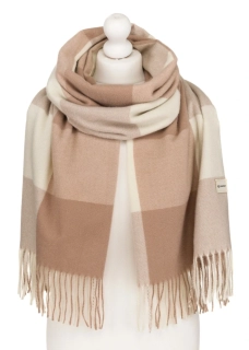 Veľký dámsky hnedý camel šál károvaného vzoru so strapcami Rovicky 180/70