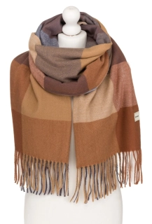 Veľký dámsky hnedý šál károvaného vzoru so strapcami Rovicky 180/70