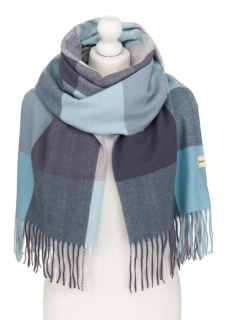 Veľký dámsky modrý šál károvaného vzoru so strapcami Rovicky 180/70