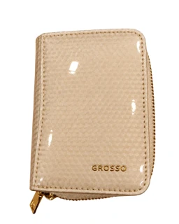 👛 Malá dámska béžová lakovaná kožená peňaženka Grosso s 3D kockovaným vzorom 10x7x3 cm