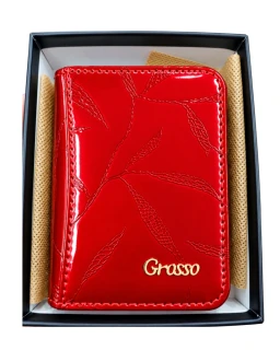 👛 Malá dámska červená lakovaná kožená peňaženka Grosso s reliéfnym vzorom listov 10x7x3 cm